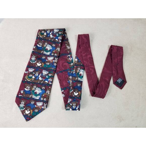 Ho Ho Ho Men Tie Christmas Teddy Bear Burgundy Silk Vintage Collectible - Picture 1 of 9